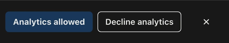 The same end of the banner in the same state after the fix: the two answers, Analytics allowed and Decline analytics, and a Close button at the end of the row.