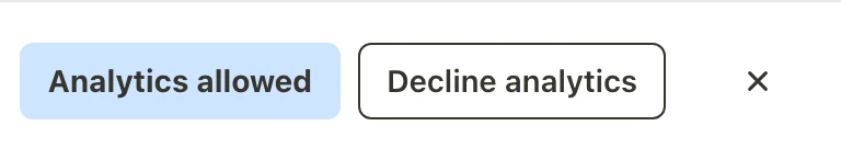 The same end of the banner in the same state after the fix: the two answers, Analytics allowed and Decline analytics, and a Close button at the end of the row.