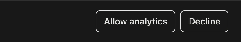 The right end of the analytics consent banner, reopened from the footer after a choice: two answers, Allow analytics and Decline, and no way to leave it without choosing.