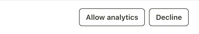 The right end of the analytics consent banner, reopened from the footer after a choice: two answers, Allow analytics and Decline, and no way to leave it without choosing.